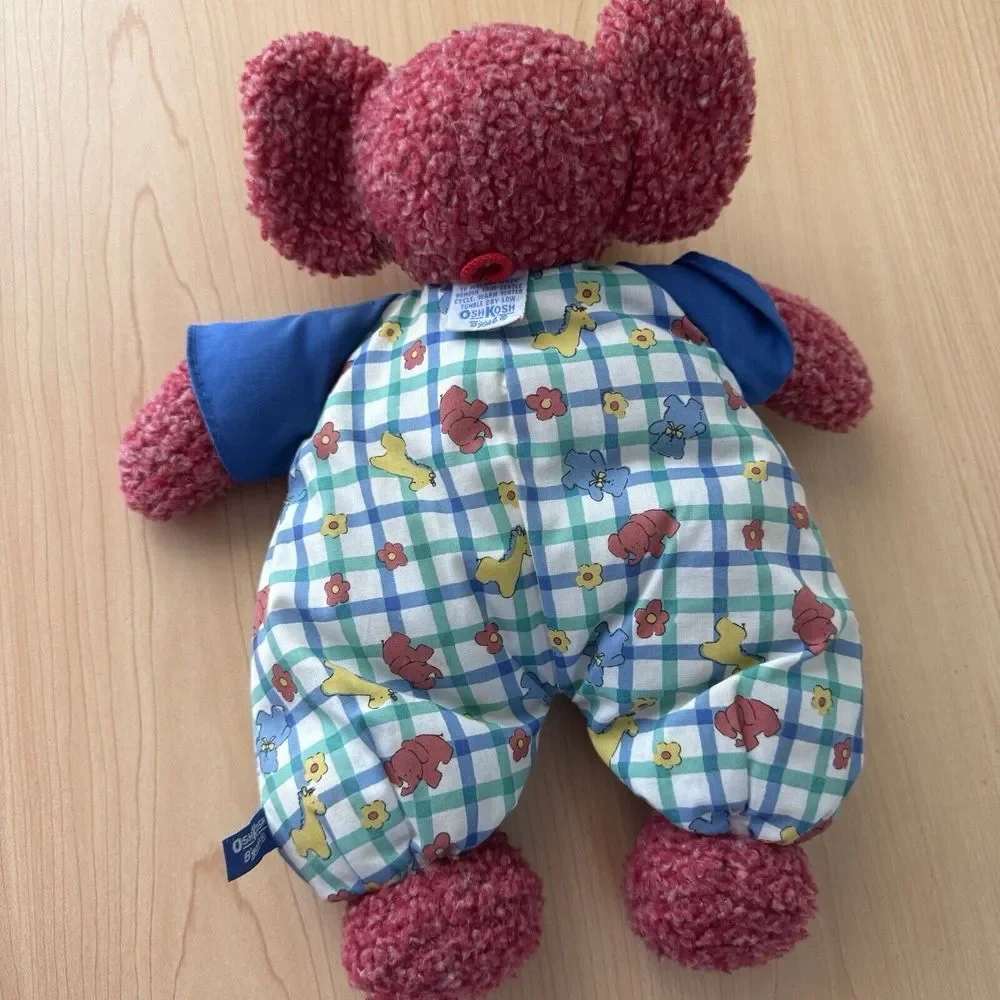 Vtg Oshkosh‎ Osh Kosh Red Sherpa Elephant In Plaid Overalls Baby Plush Toy RARE